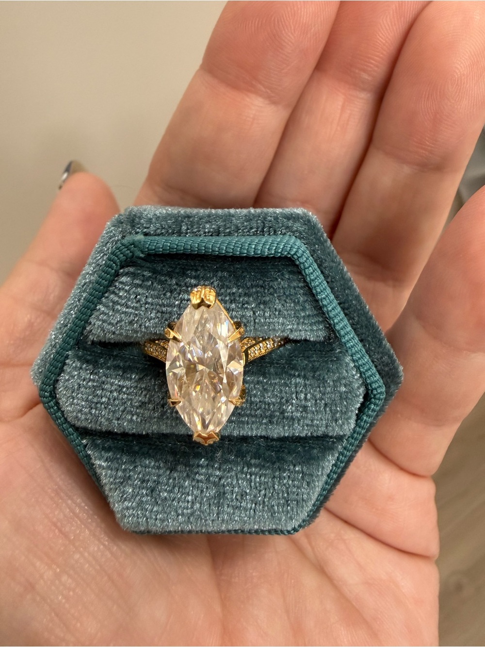 Gold Marquise-Cut Crystal Ring in Teal Box